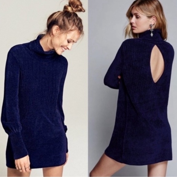 Free People New Moon Navy Royal Blue Chenille Cutout Balloon Sleeve Minidress - Picture 1 of 11